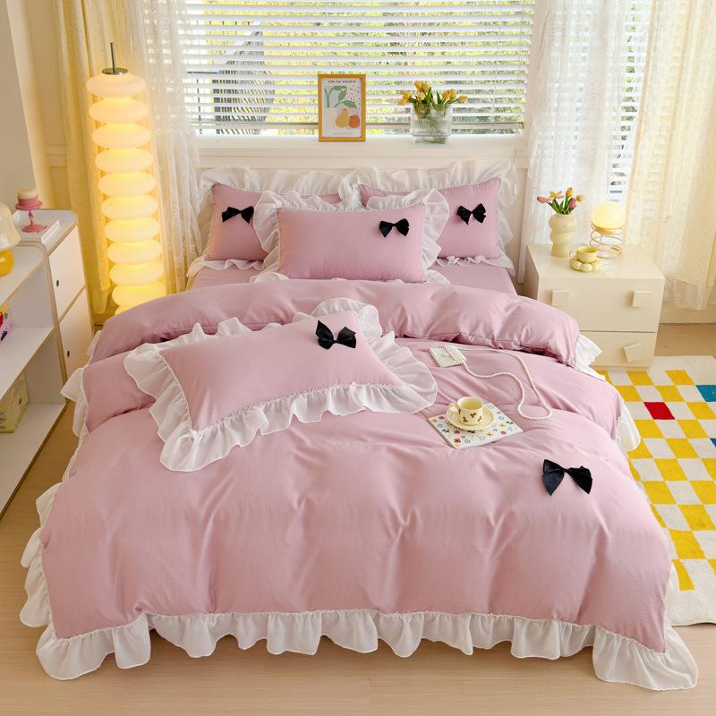 Class A Maternal And Infant Grade Girl Wind Princess Wind Seersucker Bed 4Pcs Set Of Bubble Cotton Lace Four Pieces