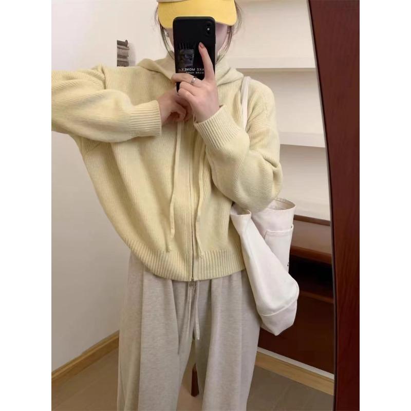 Solid color double zipper hooded knitted cardigan women's autumn and winter new loose casual simple sweater jacket