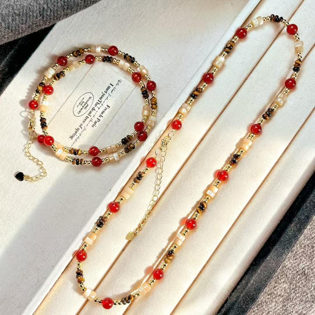 Vintage Maillard Wind Natural Shell Tiger S Eye Chalcedony Necklace Clavicle Chain