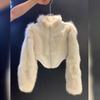 Womens Soft Faux Fur Short Coat In Cream Stand Collar Leather Patchwork Elegant Chic Style Winter 2025