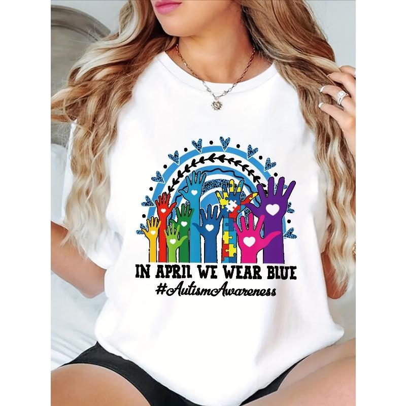 

Европейский размер Плюс размер - Женская футболка В апреле мы носим синее для осведомленности об аутизме - Белая футболка с цветными отпечатками рук и дизайном бабочки S белый