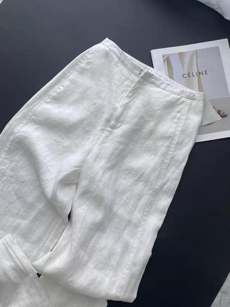 Elegant Summer 2025 White High-Waisted Linen Wide-Leg Pants for Women