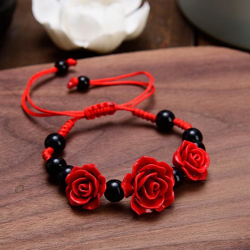 Charm Red Rose Bracelet For Women Handmade Lacquer Carved Cinnabar Flower Adjustable Rope Beaded Bracelet Ethnic Accessories