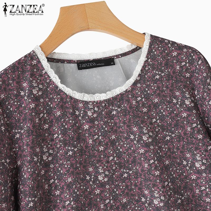 ZANZEA Women Casual Round Neck Long Sleeve Floral Print Contrast Color Blouses