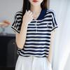 Women Knit T-shirt 100% Wool MODERN NEW SAGA Summer Knitted Shirt Short Sleeve Tees Turn-down Collar Patchwork Pullover Knit Tops