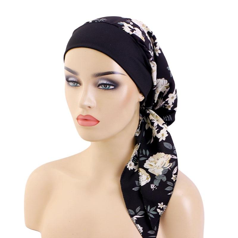 New Womens Pre-Tied Turban Cap Muslim Hijab Cancer Chemo Flower Print Hat Cover Hair Loss Head Scarf Wrap Strech Bandana
