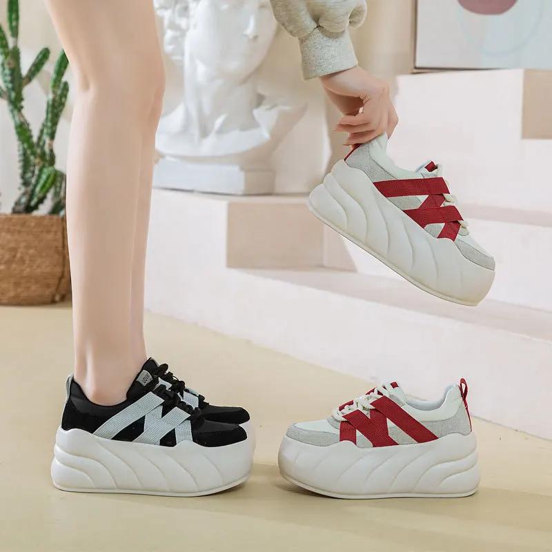 Fashion 8cm Synthetic Women Stable High Platform Chunky Sneakers Fashion Spring Autumn Vulcanize Cow Genuine Leather Lace Up Shoes