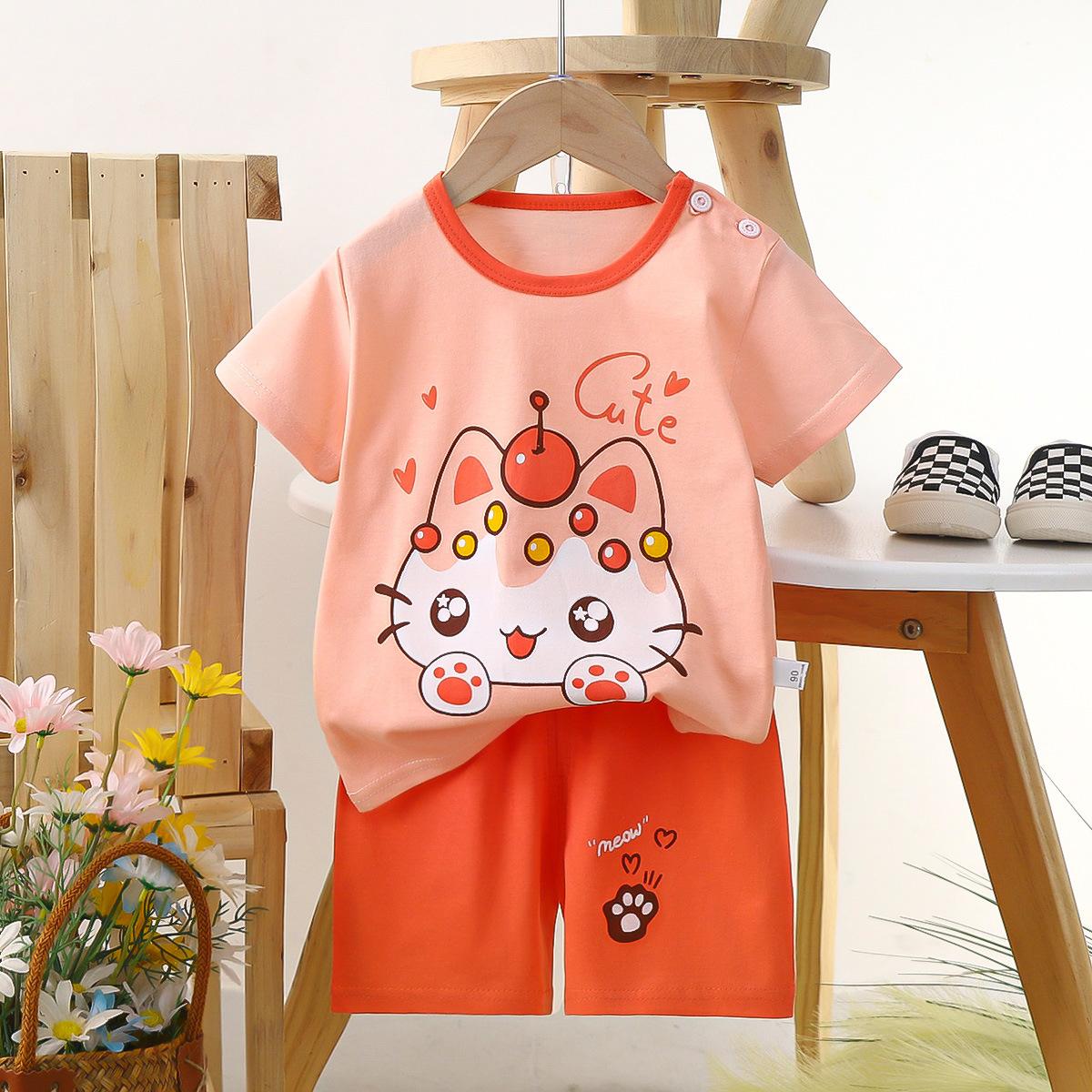

Children s short sleeved set, pure cotton boys T-shirt, baby s summer children s clothing, girls shorts, baby clothes, summer clothes 130cm червоний