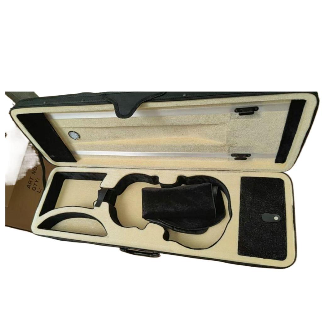 Rectangular or square violin case; a popular travel choice for violinists.
