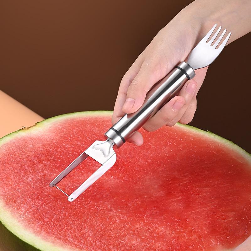 2-in-1 Stainless Steel Fruit Cutter Salad Fruit Slicer Cutter Tool Dual Head Watermelon Fork Cutter Kitchen Accessories Gadgets