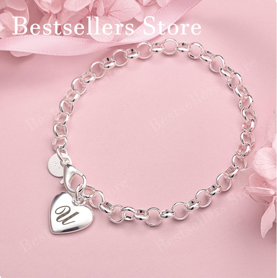 Luxury 925 sterling silver 8-inch 26 letter heart-shaped bracelet for women's fashionable wedding accessories
