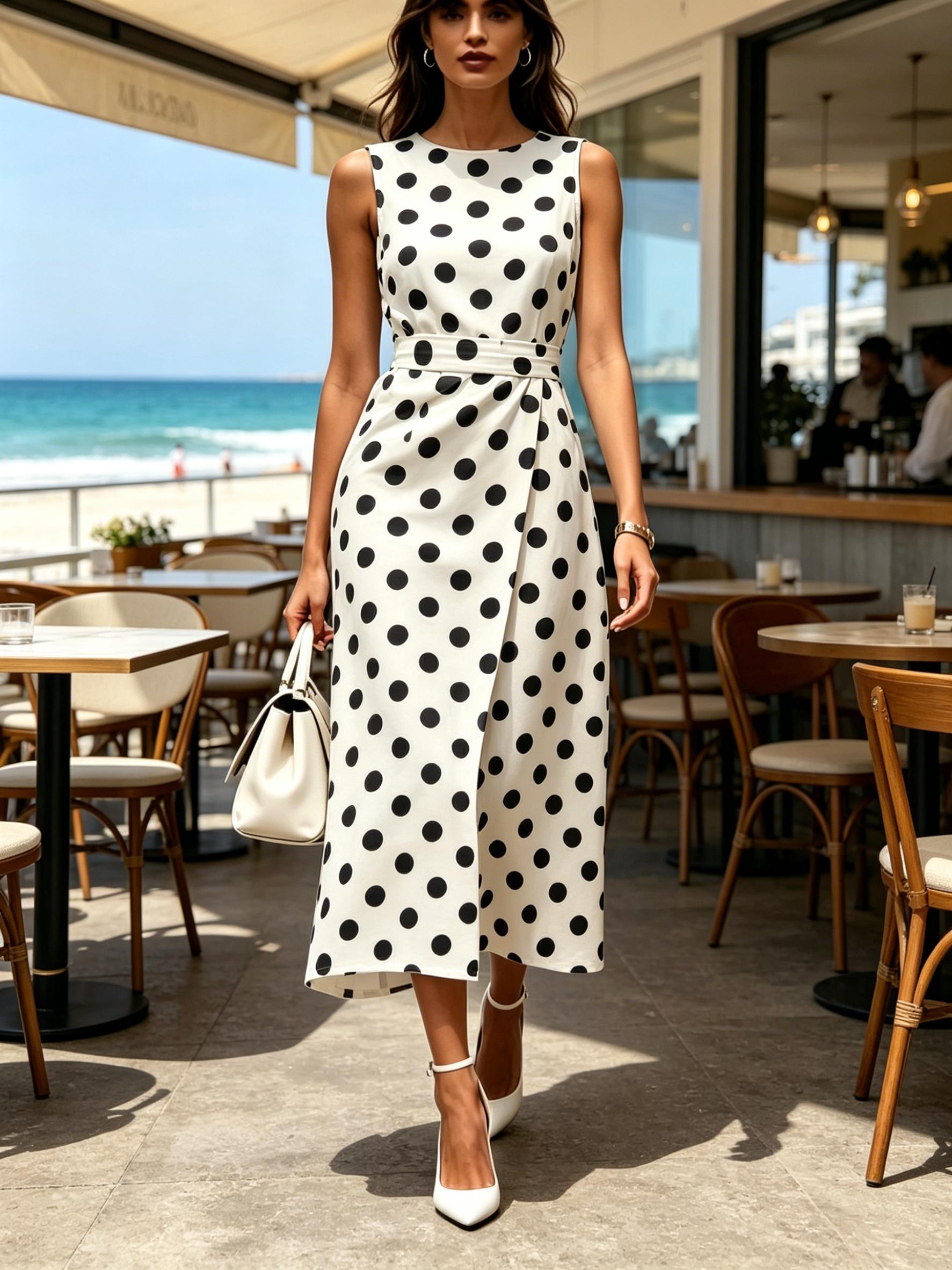 

Women Round Neck Sleeveless Midi Dress White with Black Polka Dot Print Modern Elegant Casual Fashion Spring Summer Autumn Womens Clothing XXL