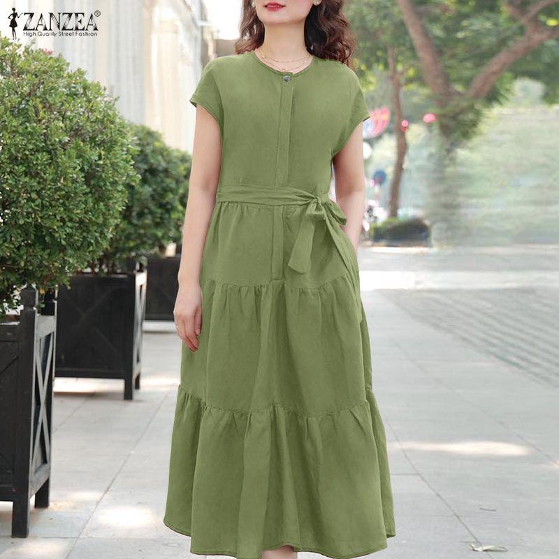 ZANZEA Women Casual Round Neck Solid Color Summer Short Sleeve Dress