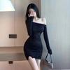 One-word Shoulder Dress, Female Slim Body with Diamonds, Long Sleeves, Irregular Hip-wrapped Short Skirt, Early Autumn New Black Skirt