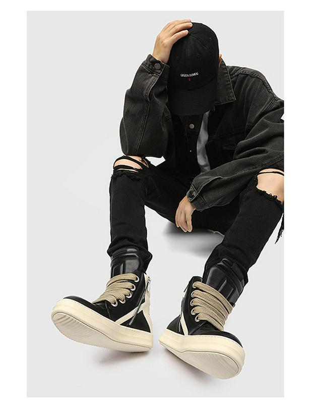 2024 Autumn/Winter Men's Trendy Genuine Leather High-Top Black & White Thick-Soled Boots
