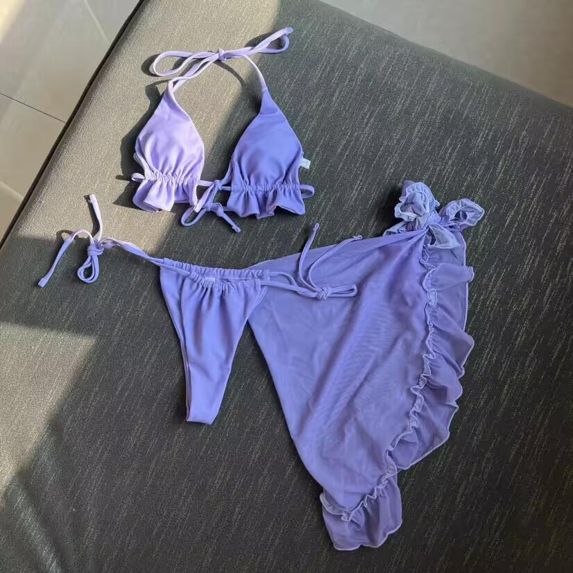 

Мода Новинка С Саронг Холтер Оборками Бикини Женщины Купальники Женский Купальник Три Части Бикини Комплект Купальник Купальный Костюм Купальник Леди S фиолетовый