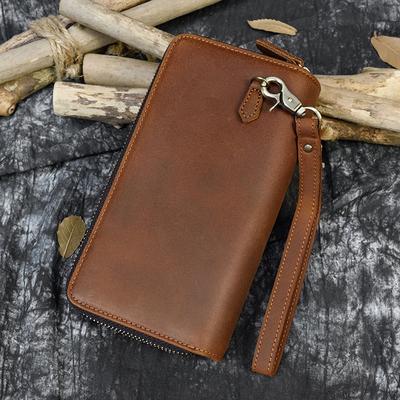 Men's Crazy Horse Leather Long Wallet Leather Double Zipper Wallet Double Layer Wallet Men's Crazy Horse Leather Handbag
