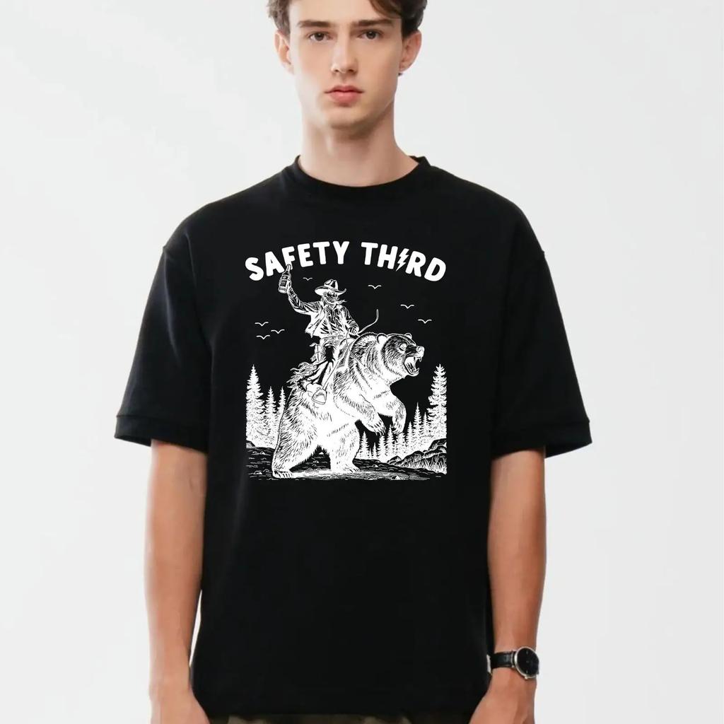 Retro Cowboy Bear Rider T Shirt Safety Third Riding Humor 100 Cotton Novelty Top Vintage Versatile Stylish Comfortable