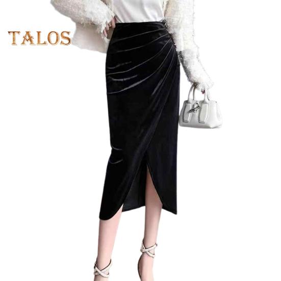 Women Midi Skirt High Waist Irregular Front Slit Design Golden Velvet Skirt Solid Color Design Leg-shaping Skirt
