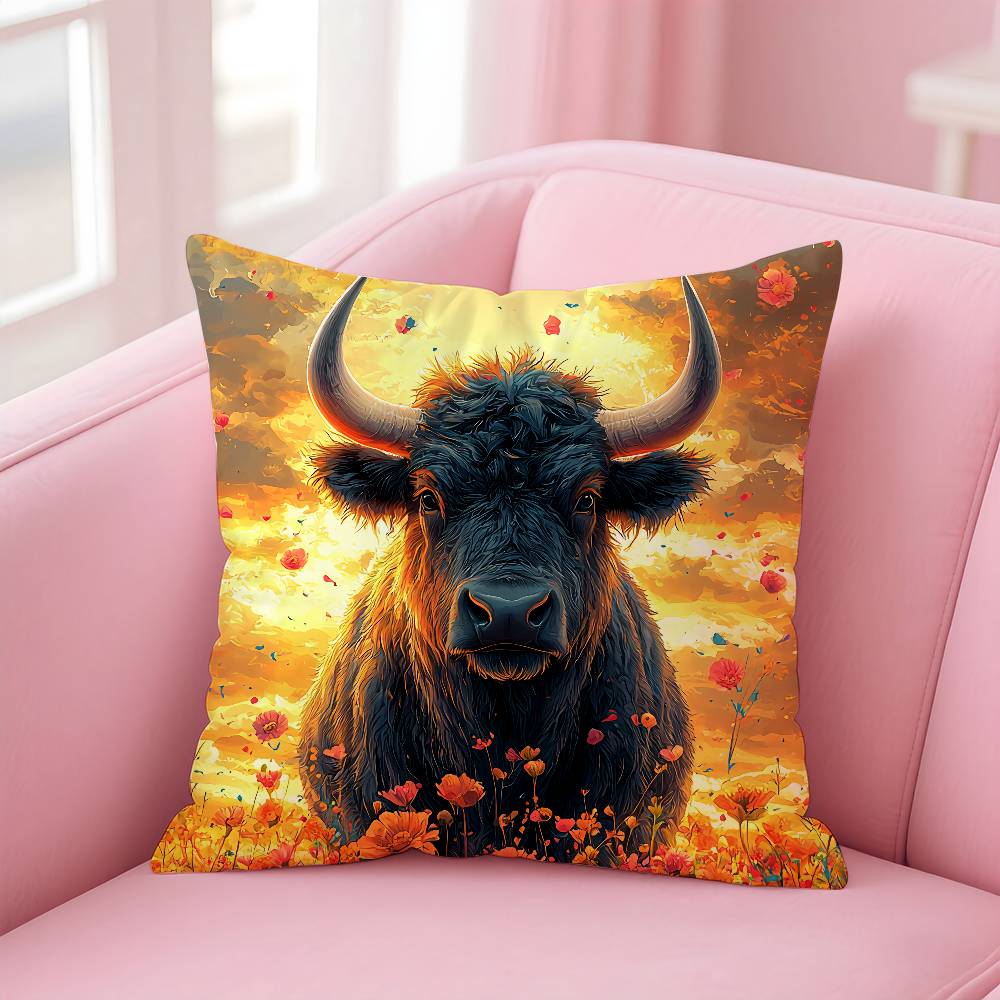 Vibrant Highland Cow Pattern Pillow Case pattern printing pillowcase living room sofa cushion cover bedroom room decor