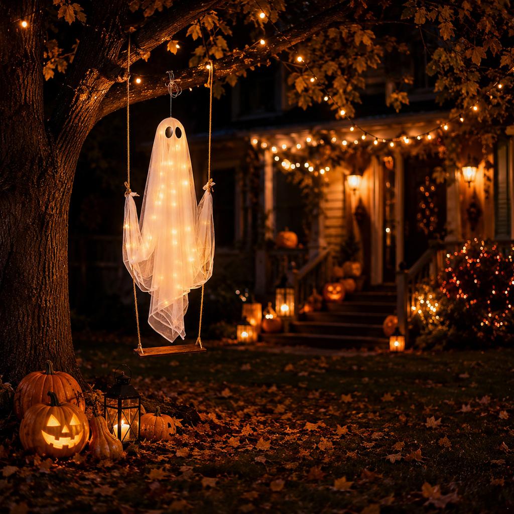 Large Ghost Swing Halloween Decoration Lightweight Hanging Outdoor Indoor Party Yard Festival Hanging Ornament with Soft Fabric and Rope