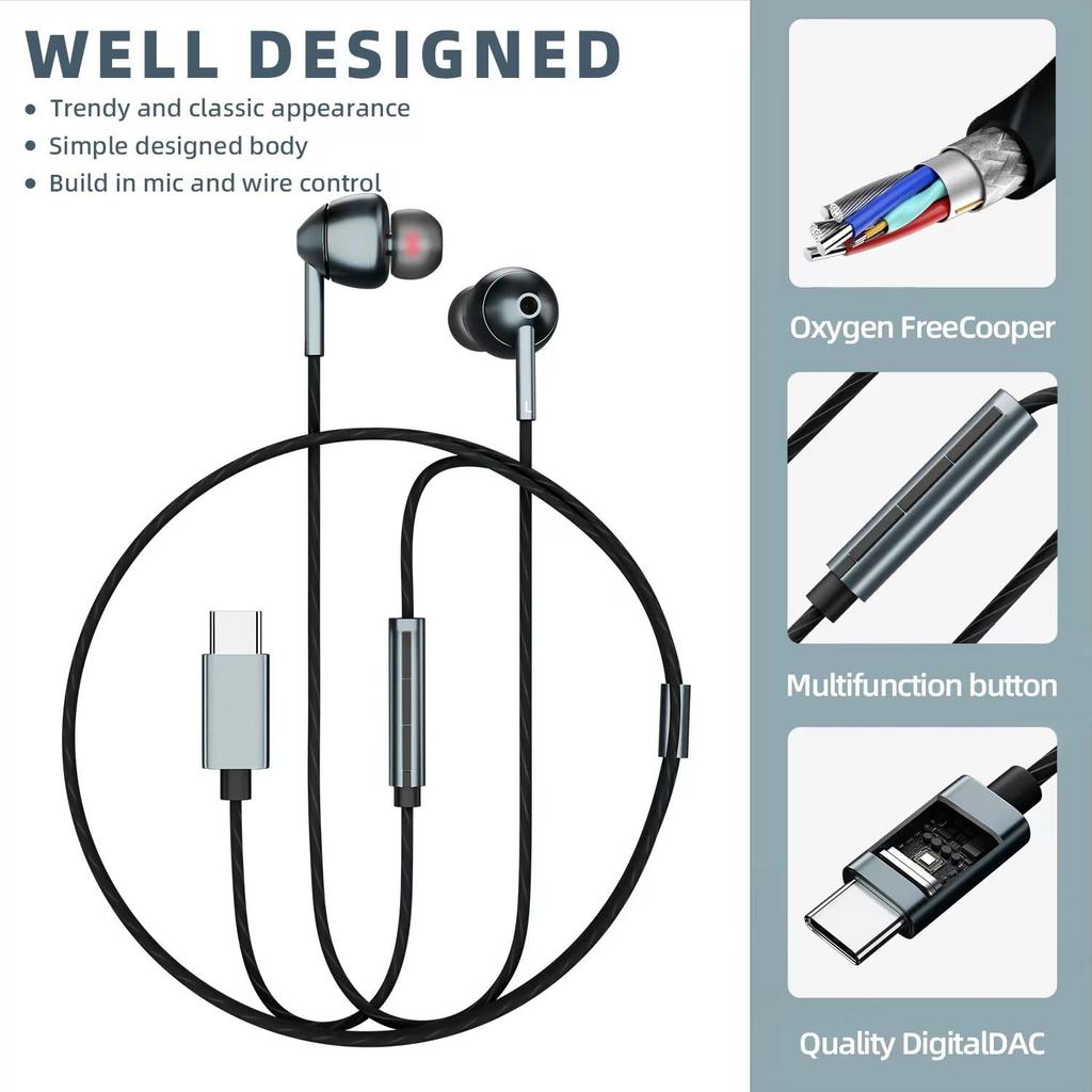 Wired Earphones with Volume Noise Compatible with Samsung Galaxy iPhone Pro and Pixel Phones USB-C Mic, Control, Cancellation, S24, S23, S22, 17, 16,