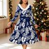 Women Floral Print Midi Dress, Long Sleeve V‑Neck Furry Trim A‑Line Party Dress, Christmas Limited Edition