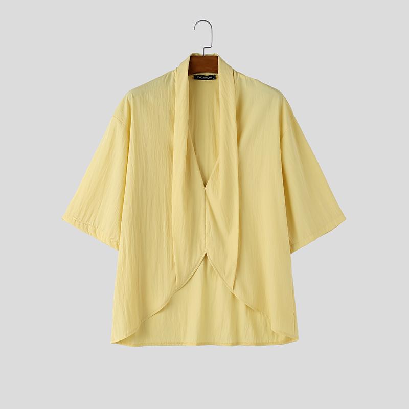 INCERUN Men's 3/4 Sleeve V-Neck Irregular Loose Fit Casual Holiday Kimono Cardigan Shirts