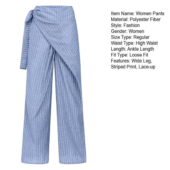 Women Pants Side Lace-up Striped Print Oversized Wide Leg Casual Trousers with Pockets Exercise Work Travel Daily Wear