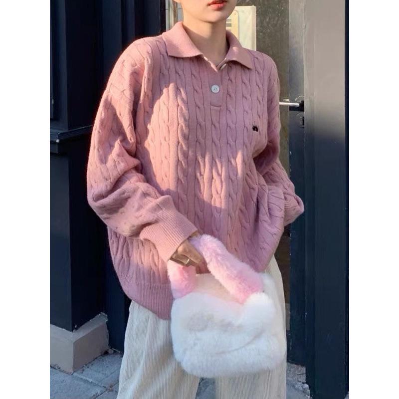 Women's Retro Heavyweight Cable Knit Polo Sweater - Soft Blue, Autumn/Winter Style