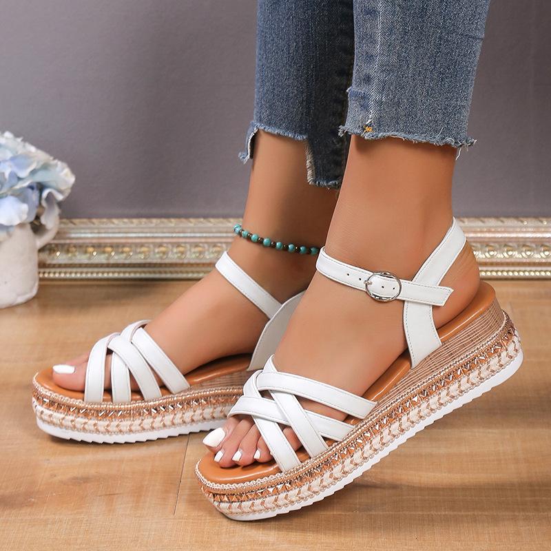 New Women's Cross-buckle Rhinestone Hemp Rope Square Head Sandals