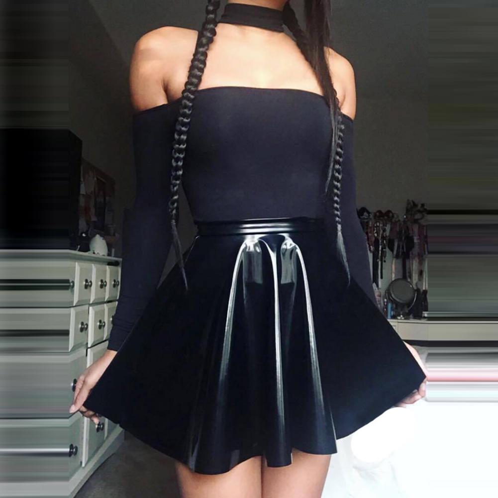 Women Mini Skirt High Waist Mirror Glossy Surface Short Skirt Faux Leather Solid Color Performance Skater Skirt