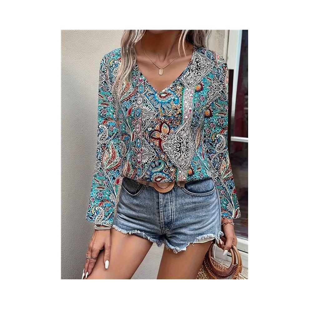 Women'S Bohemian Print V-Neck Long Sleeve Casual Blouses Shirts 1-Mixed Colors XL