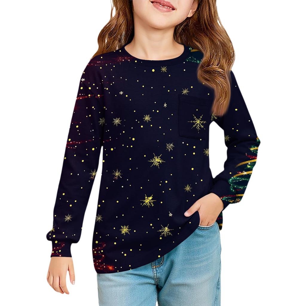 Christmas Day Girls' Long Sleeve Blouse - Round Neck Soft Waist Tunic