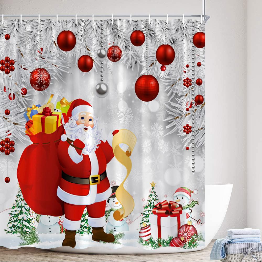 Christmas Shower Curtain Cute Snowman Santa Claus Xmas Tree Dog Winter Truck New Year Home Bathroom Curtains Decor With Hooks