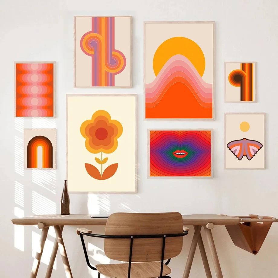 Retro 70s Stripes Art Prints, Sunset, Lip, Rainbow, Flower, Butterfly, Boho Poster, Canvas Painting, Wall Pictures, Living Room