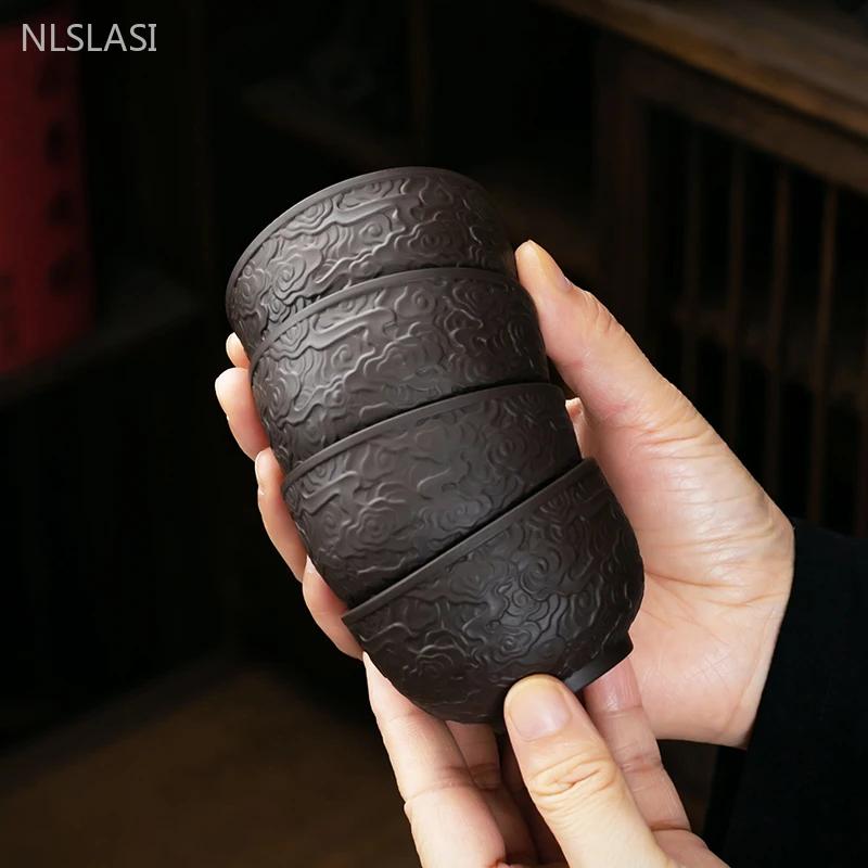 2pcs/80ml Yixing Purple Clay Tea Cup Handmade Relief Tea Cup Set Custom Beauty Master Cup Home Zen Tea Accessories