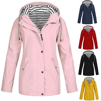 Women  Solid Rain Jacket Outdoor Plus Size Waterproof Hooded Raincoat Windproof