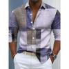 Men's long-sleeved shirt, geometric plaid patchwork print, casual business style,