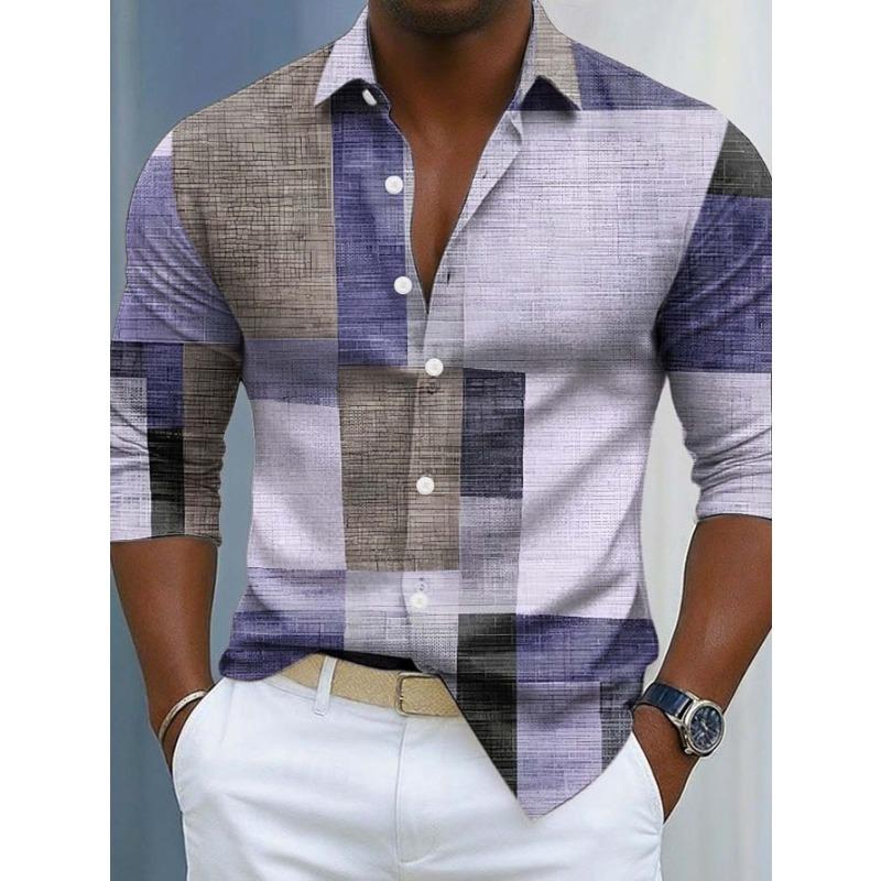Men's long-sleeved shirt, geometric plaid patchwork print, casual business style,