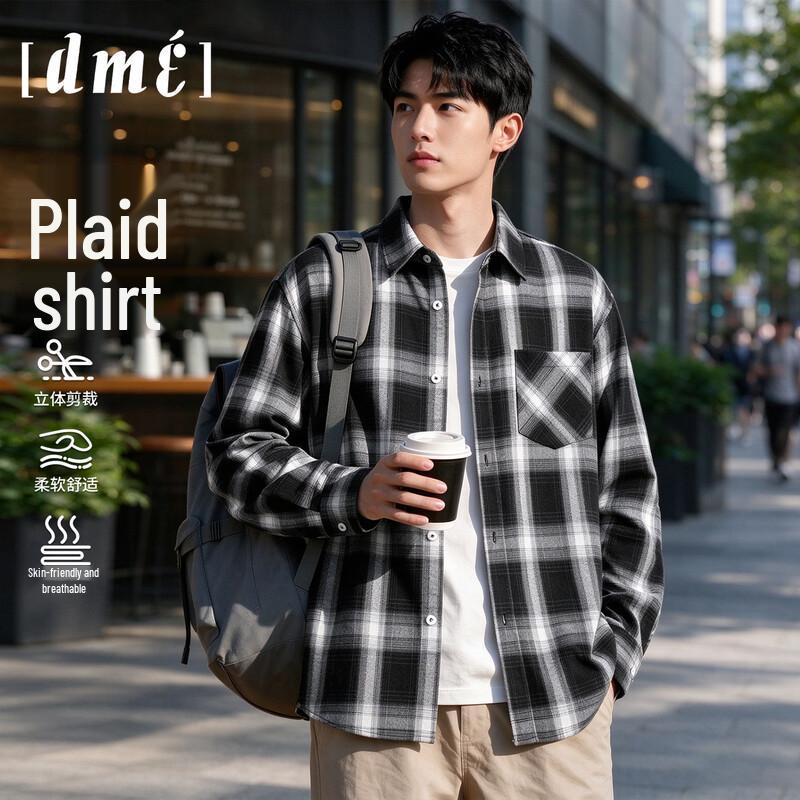 Demana Men's American Casual Plaid Long Sleeve Button-Down Shirt
