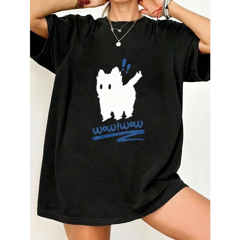

Oversized T Shirt Black Cute White Dog With Wow Text Print Casual Wear For Women Summer Outfit Street Style Fashion Top XXXXL чёрный