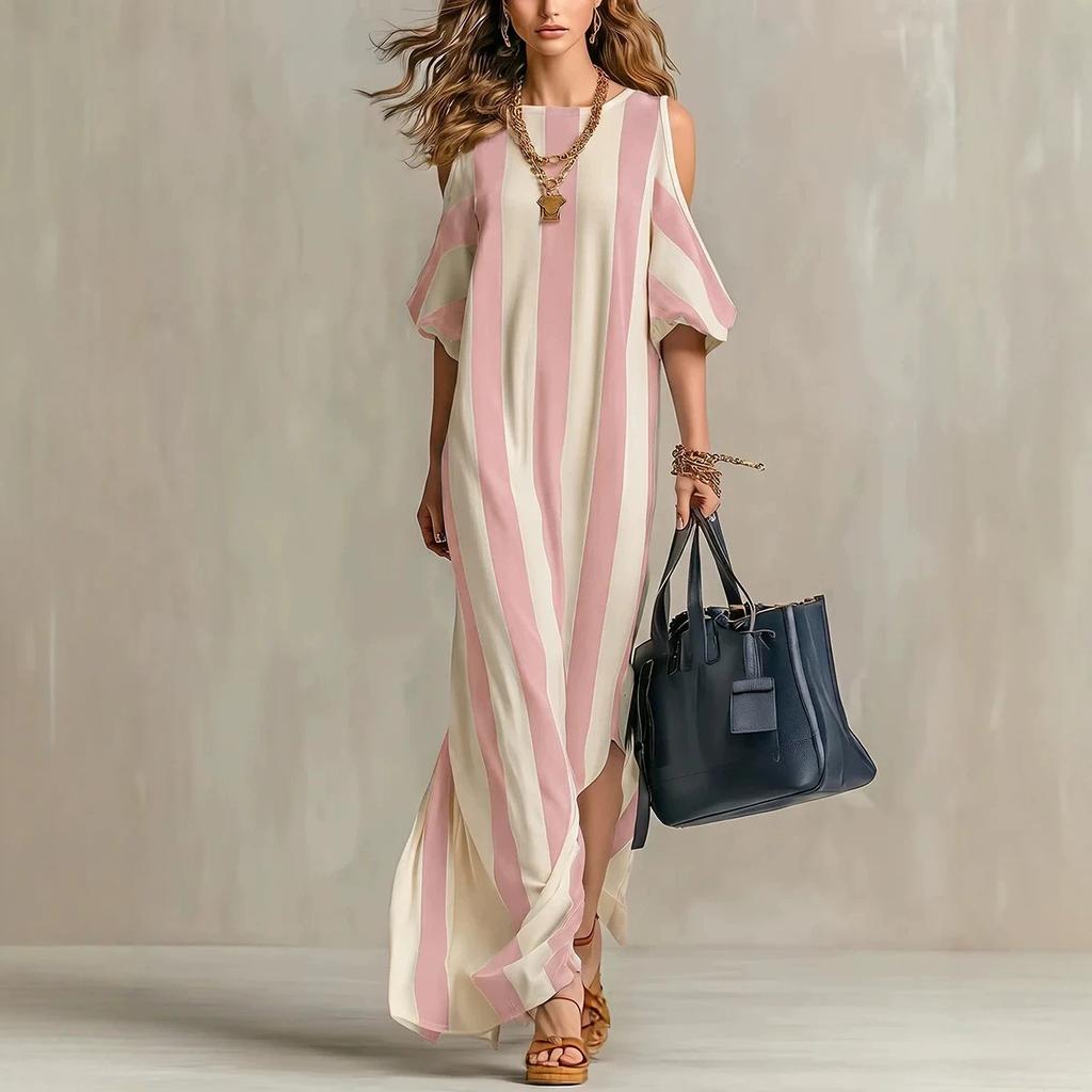 European and American New Off-the-shoulder Color Matching Fashion Striped Long Split Casual Women's Dress