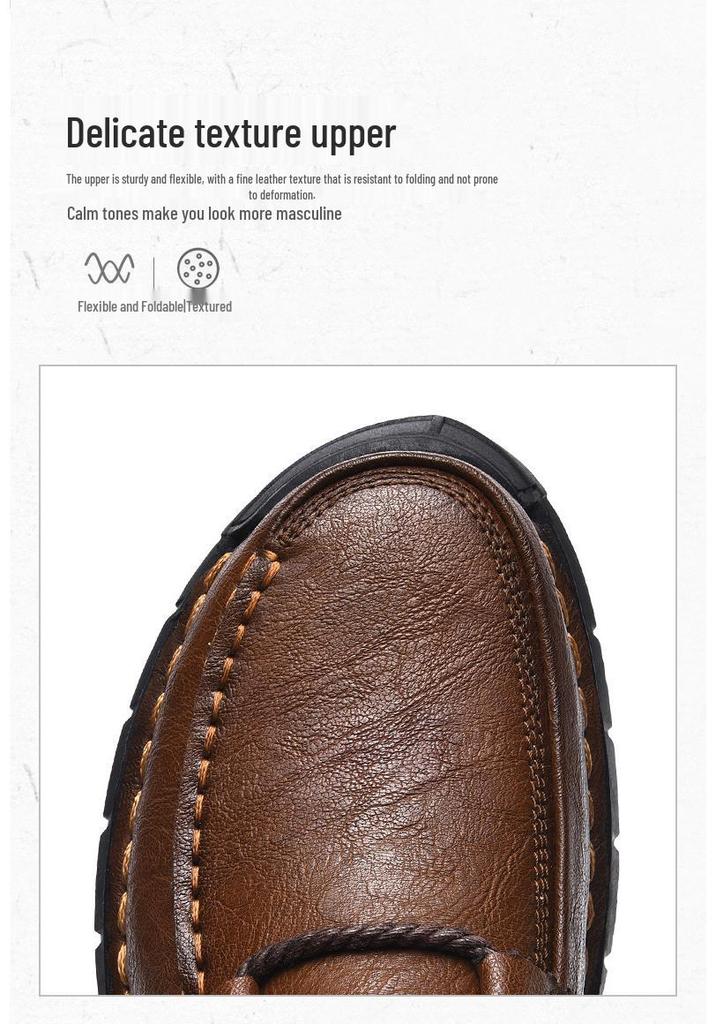 Men's Large Casual Leather Shoes - Soft Sole, Hand-Stitched, Lace-Up for Middle-Aged & Elderly.