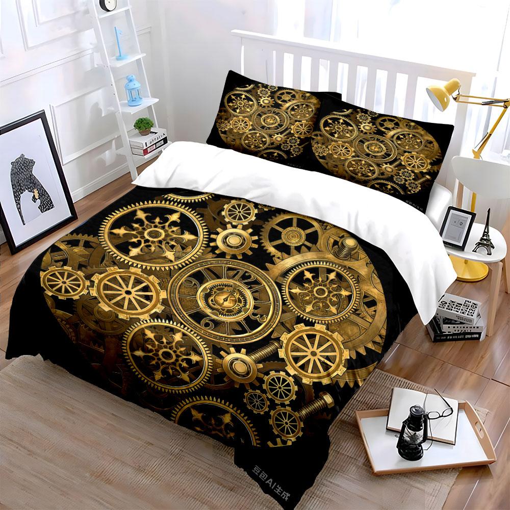 Vintage Clockwork Art Decor Set Multiple Sizes Kid'S And Adults' Bedroom Exquisite 3Pc Bedding Set, Gift