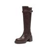 New women's thick-soled rear zipper Martin boots solid color round head high-heeled large-size leather boots autumn and winter square-heeled high boo