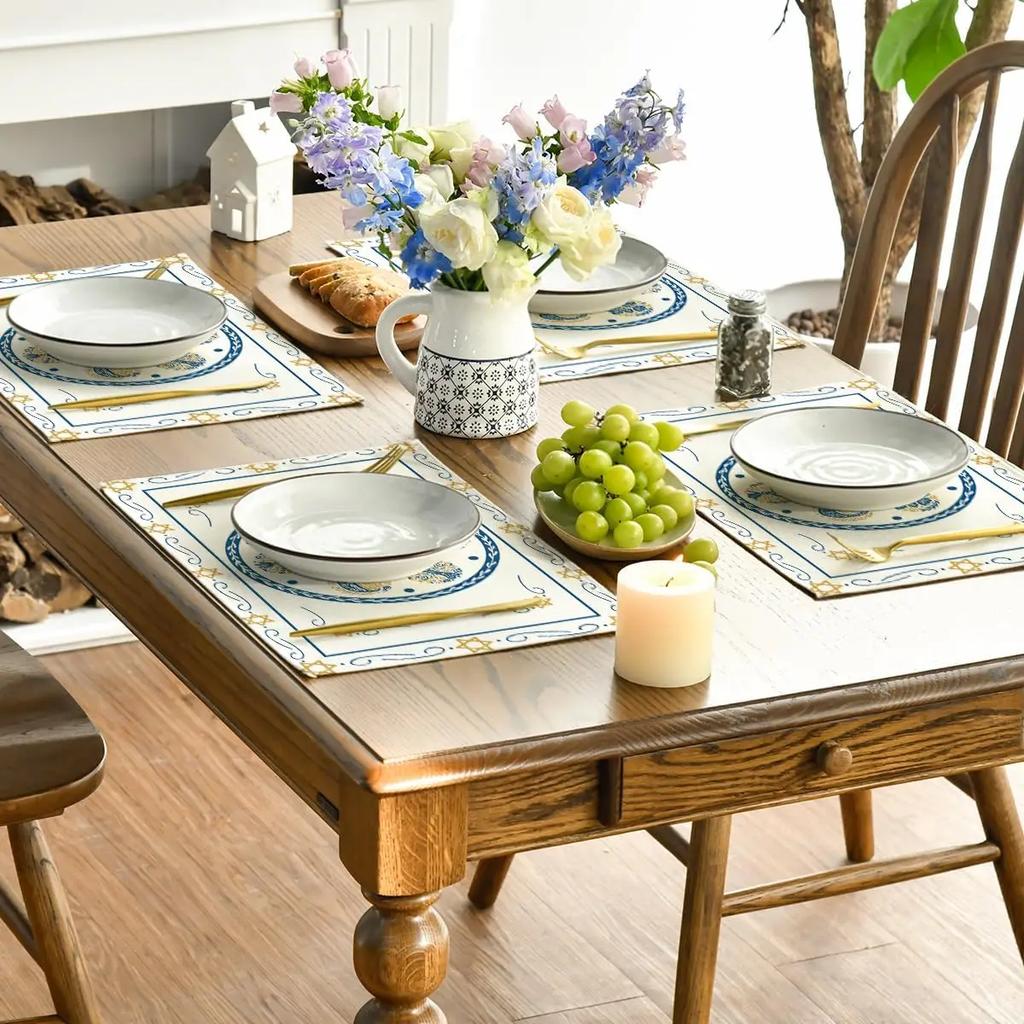 4 Stück Frohes Pessach Leinen-Tischsets Küchentisch-Dekoration Seder-Teller Pessach-Matze Davidstern Jüdische Party-Tischsets Dekoration