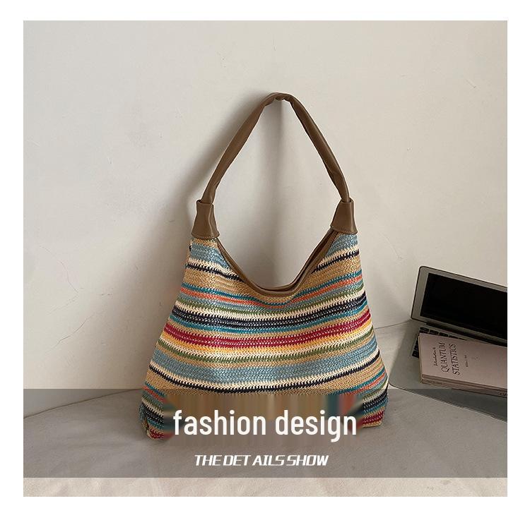 Striped Straw Woven Tote: Women's Large Capacity Shoulder Bag for Beach Vacation 2025 Fashion.