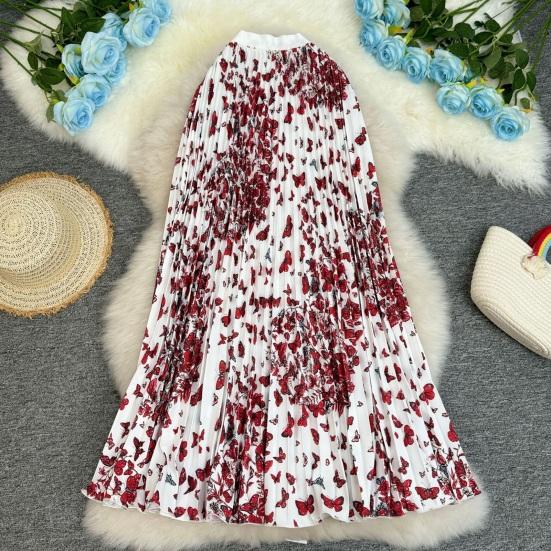 Fustă Lungă Stil Retro Talie Înaltă Elastică Fustă Pliată Imprimată cu Fluturi Tiv Larg Fustă din Material Respirabil Purtare Zilnică
