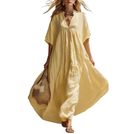 Damen Kurzarm A-Linien Swing Kleid, V-Ausschnitt Plissiert Fließendes Langes Kleid, Sommer Lässig Strandurlaub Sommerkleid
